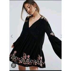 Free People Womens XS Black Te Mia Long Sleeve Mini Dress Boho Chic Micropleated